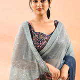 Horizon Blue Metallic Shimmer Net Saree With Embroidery Floral Motif
