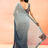 Horizon Blue Metallic Shimmer Net Saree With Embroidery Floral Motif