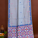 Grey Blue Woven Floral Butti Linen Silk Banarasi Saree With Patola Geometric Pallu
