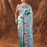 Bright Mint Green Floral Silk Saree