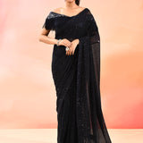 Midnight Black Metallic Shimmer Net Saree With Elegant Beaded Tassels
