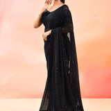 Midnight Black Metallic Shimmer Net Saree With Elegant Beaded Tassels