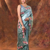 Bright Mint Green Floral Silk Saree