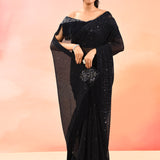 Midnight Black Metallic Shimmer Net Saree With Elegant Beaded Tassels