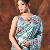 Bright Mint Green Floral Silk Saree