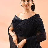 Midnight Black Metallic Shimmer Net Saree With Elegant Beaded Tassels