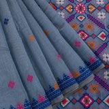 Grey Blue Woven Floral Butti Linen Silk Banarasi Saree With Patola Geometric Pallu
