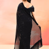 Midnight Black Metallic Shimmer Net Saree With Elegant Beaded Tassels