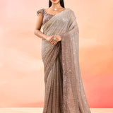 Brown Metallic Shimmer Net Saree With Elegant Beaded Tassels Blouse