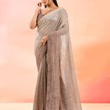Brown Metallic Shimmer Net Saree With Elegant Beaded Tassels Blouse