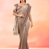 Brown Metallic Shimmer Net Saree With Elegant Beaded Tassels Blouse
