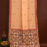 Peach Woven Floral Butti Linen Silk Banarasi Saree With Patola Geometric Pallu