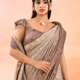 Brown Metallic Shimmer Net Saree With Elegant Beaded Tassels Blouse