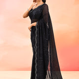 Jet Black Net Saree With Sequined Scalloped Border
