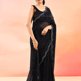 Jet Black Net Saree With Sequined Scalloped Border