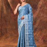 Cerulean Blue Floral Silk Blend Saree