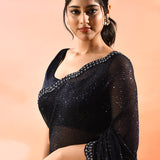 Jet Black Net Saree With Sequined Scalloped Border
