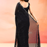 Jet Black Net Saree With Sequined Scalloped Border