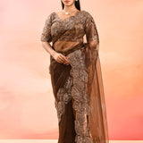 Chocolate Brown Embroidered Scalloped Border Organza Designer Saree