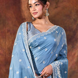 Cerulean Blue Floral Silk Blend Saree
