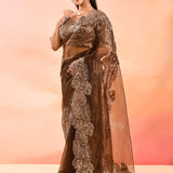 Chocolate Brown Embroidered Scalloped Border Organza Designer Saree