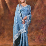 Cerulean Blue Floral Silk Blend Saree
