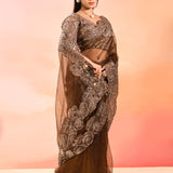 Chocolate Brown Embroidered Scalloped Border Organza Designer Saree
