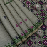 Grey Banarasi Linen Saree With Patan Patola Weave Pallu & Contrast Border