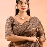 Chocolate Brown Embroidered Scalloped Border Organza Designer Saree