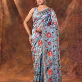 Bright Blue Embroidered Tissue Silk Saree