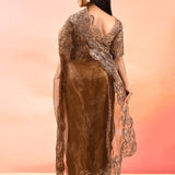 Chocolate Brown Embroidered Scalloped Border Organza Designer Saree