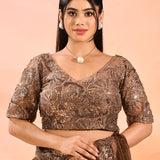 Chocolate Brown Embroidered Scalloped Border Organza Designer Saree