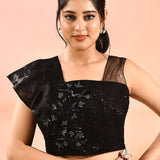Mindnight Black With Ribbed Pleats And Sequinned Foral Border Velvet Designer Saree
