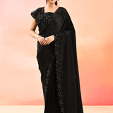 Mindnight Black With Ribbed Pleats And Sequinned Foral Border Velvet Designer Saree