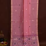 Peach Pink Banarasi Linen Saree With Patan Patola Weave Pallu & Gold Zari Border
