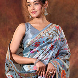 Bright Blue Embroidered Tissue Silk Saree