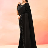 Mindnight Black With Ribbed Pleats And Sequinned Foral Border Velvet Designer Saree