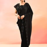Mindnight Black With Ribbed Pleats And Sequinned Foral Border Velvet Designer Saree