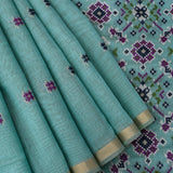 Teal Blue Banarasi Linen Saree With Patan Patola Weave Pallu & Gold Zari Border