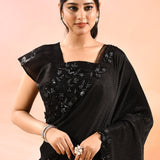 Mindnight Black With Ribbed Pleats And Sequinned Foral Border Velvet Designer Saree