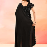 Mindnight Black With Ribbed Pleats And Sequinned Foral Border Velvet Designer Saree
