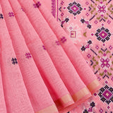 Peach Pink Banarasi Linen Saree With Patan Patola Weave Pallu & Gold Zari Border