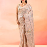 Soft Peach Embroidered Sequin Net Saree With 3D Floral Embroidery Blouse