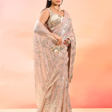 Soft Peach Embroidered Sequin Net Saree With 3D Floral Embroidery Blouse