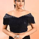 Midnight Black Metallic Shimmer Net Saree With Elegant Beaded Tassels