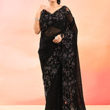 Midnight Black Floral Lace Border Shimmer Net Saree With Stitched Blouse