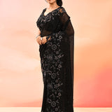 Midnight Black Floral Lace Border Shimmer Net Saree With Stitched Blouse