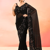 Midnight Black Floral Lace Border Shimmer Net Saree With Stitched Blouse