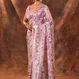 Pearl Pink Floral Embroidered Tissue Silk Saree