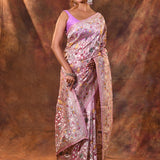 Pearl Pink Floral Embroidered Tissue Silk Saree